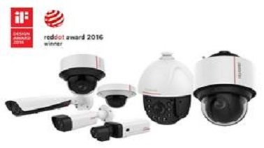 A poster of Huawei video surveillance cameras grouped together, with a Red Dot Award Winner 2016 seal in the top left corner