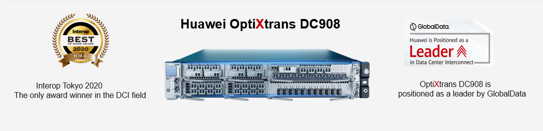 A product image of Huawei's OptiXtrans DC908 positioned as the leader of GlobalData.