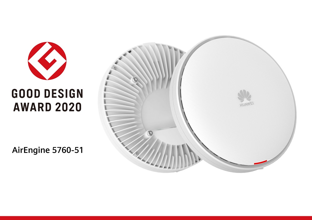 Huawei's AirEngine 5760-51 Wi-Fi 6 AP and the Good Design Award 2020 logo, recognizing the product's cutting edge design