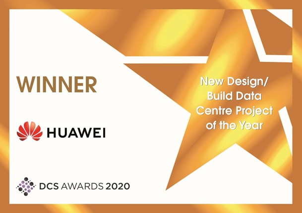 A poster celebrating Huawei as the winner of Data Centre Power Innovation of the Year at the DCS Awards 2020