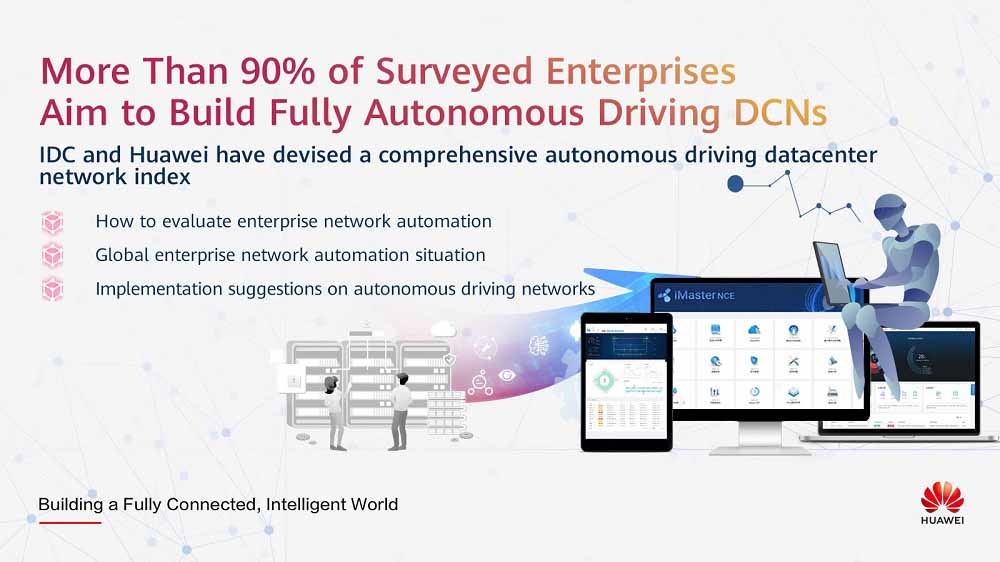 A graphic showing that more than 90% of enterprises surveyed by Huawei and IDC aim to build fully autonomous DCNs