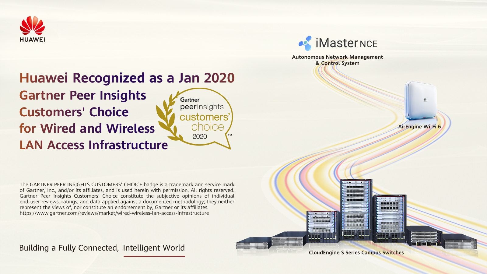 A graphic marking Huawei being recognized as a Gartner Peer Insights Customers' Choice for LAN Access Infrastructure