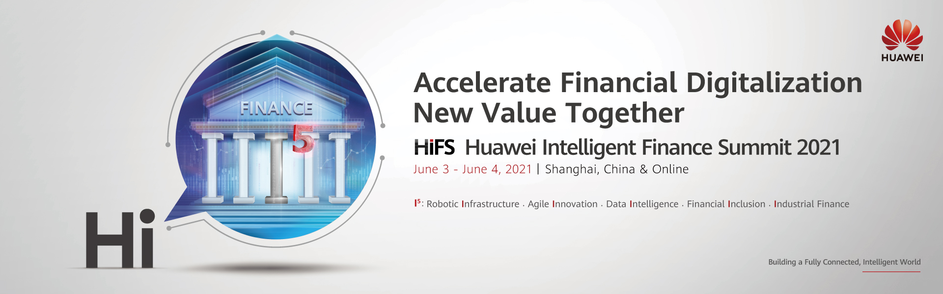 A banner for the Huawei Intelligent Finance Summit 2021, with the key visual depicting the I5 model of financial upgrade