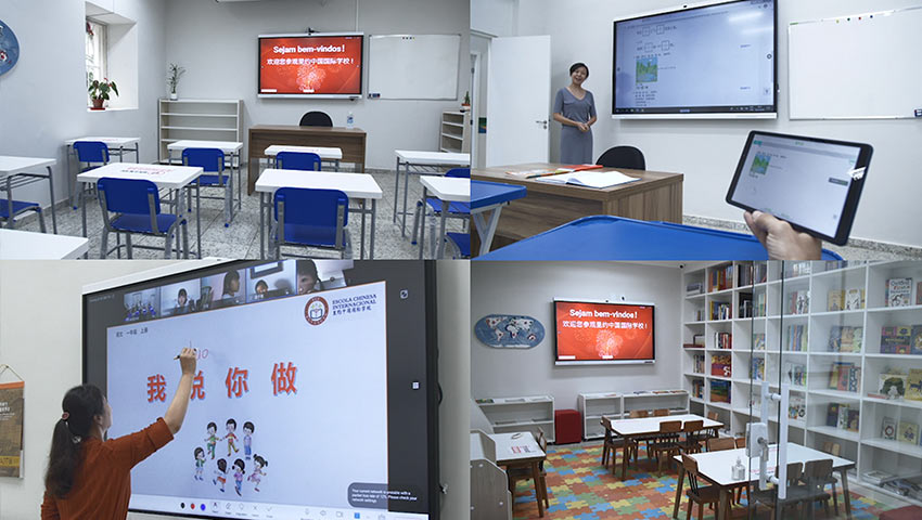 A photomontage of HUAWEI IdeaHub in the classrooms of Escola Chinesa Internacional in Rio de Janeiro, Brazil
