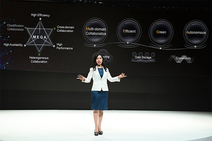 Dr. Margaret Hu, President of Marketing and Solution Sales, gives a speech about Huawei MEGA Digital Infrastructure Solutions.