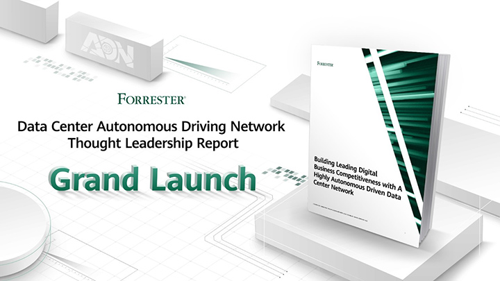 A graphic announcing Forrester's Huawei-commissioned Data Center Autonomous Driving Network Thought Leadership Report