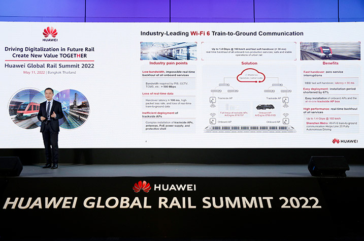 Xiang Xi, VP of the Huawei EBG Global Transportation Business, delivering a keynote speech at the Global Rail Summit 2022