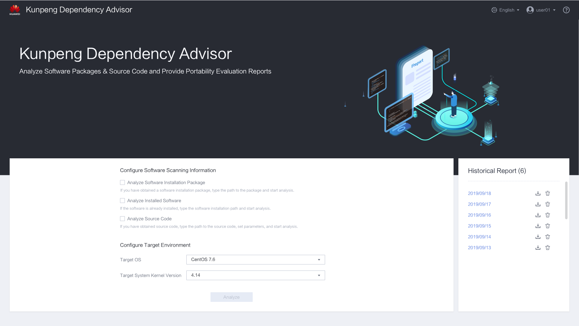 Kunpeng Dependency Advisor UI to analyze software packages and source code, and provide portability evaluation reports